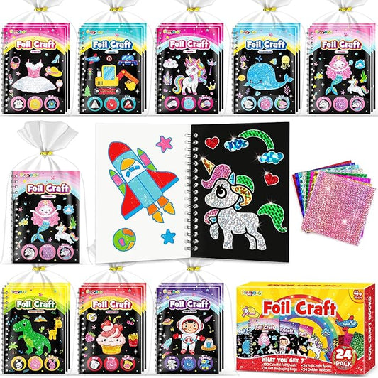 FUNNYB&G Foil Art Party Favors for Kids - 24 Pack Foil Art Crafts Kits Coloring Books, Goodie Bag Stuffers Party Favors for Kids 4-8 8-12, Bulk Birthday Classroom Prizes Girls Boys Gifts Halloween