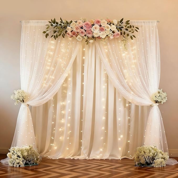 10 * 8FT Beige Pearl Tulle Double Layered Backdrop Curtain with Lights String and Lining Fabric for Wedding Baby Shower Birthday Parites Photo Decorations