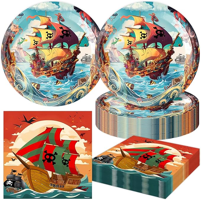 40Pcs Pirate Party Decorations Pirate Themed Birthday Party Plates and Napkins Supplies Set for 20 Guests