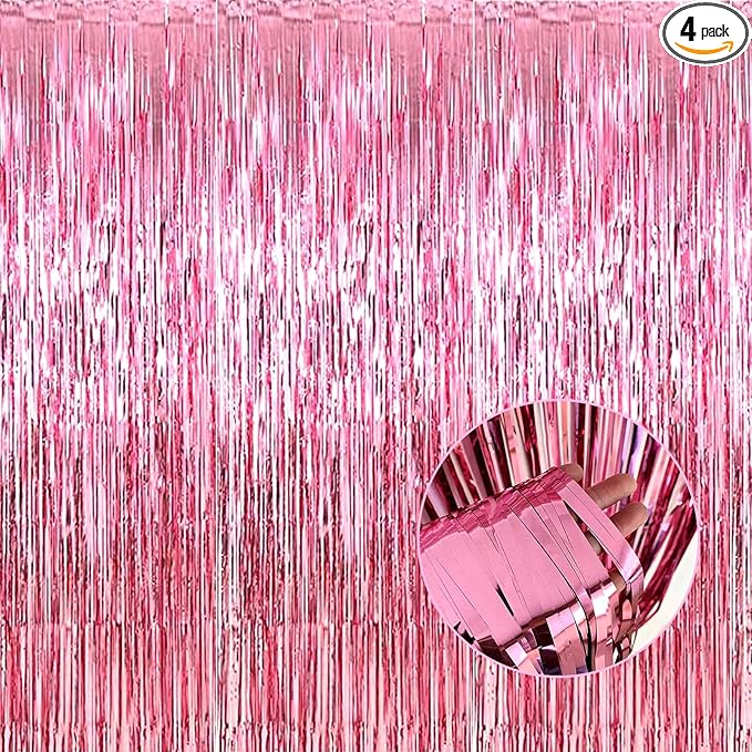 4 Pack Pink Foil Fringe Curtain Backdrop, 3.28Ft x 8.2Ft Metallic Tinsel Foil Fringe Streamer Curtains for Photo Booth Props, Birthday, Wedding, Valentine's Day Decoration Party Supplies