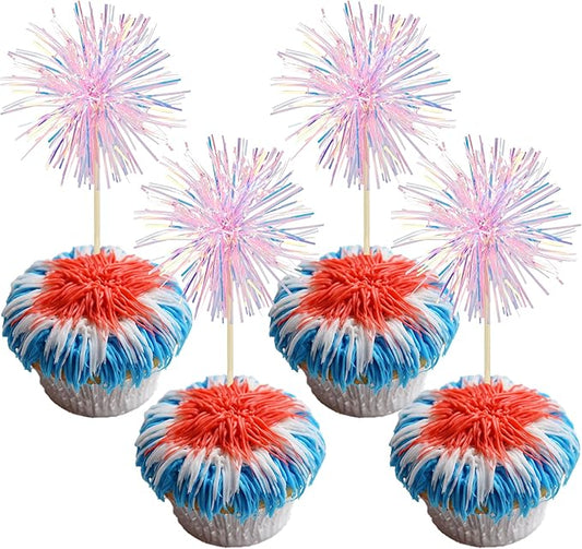 Gyufise 30Pcs Foil Firework Cupcake Toppers Sparkle Tinsel Cake Toppers Tinsel Drink Cake Decoration Cocktail Picks for Birthday Wedding Graduation Party Supplies Laser Pink