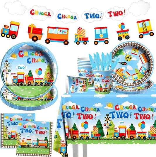 Chuagaa Chugga Two Two 142PCS Birthday Decoration Train Paper Plates Tableware Set - Transportation Table Cloth Banner Cups for 2nd Birthday Train Party Supplies