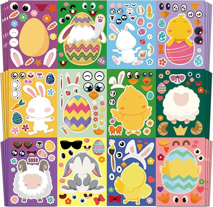 Aowplc 48 Pcs Easter Make-a-Face Sticker Sheets, 8”x 6" Mix and Match Stickers with Animals & Eggs for Kids’ Easter Basket Stuffers, Crafts, Party Favors