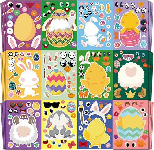 Aowplc 48 Pcs Easter Make-a-Face Sticker Sheets, 8”x 6" Mix and Match Stickers with Animals & Eggs for Kids’ Easter Basket Stuffers, Crafts, Party Favors