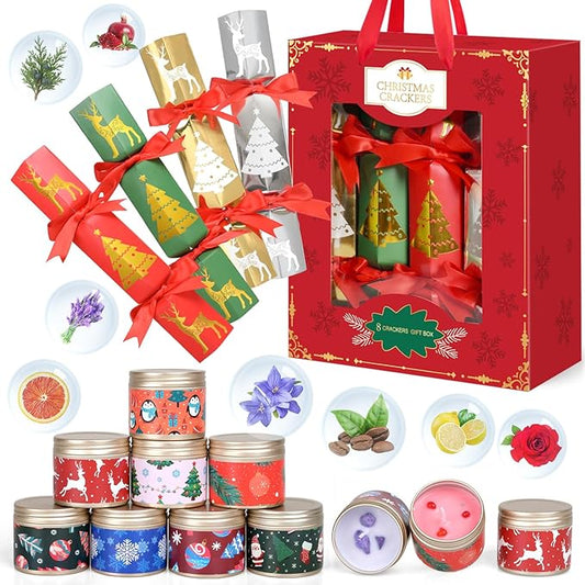 MOVINPE 8 Pack Christmas No Snap Party Table Favors, 10” Christmas Table Decorations with Scented Candles, Paper Crown, Joke Card, Traditions Holiday Family Dinner Gift Set