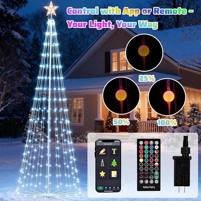 Outdoor LED Christmas Tree 9ft, Large RGB Bulbs with Chasing Flowing Light Effect, Smart APP & Remote Control, DIY Multi-Color Light Show, Waterproof IP44 for Yard Holiday Decoration