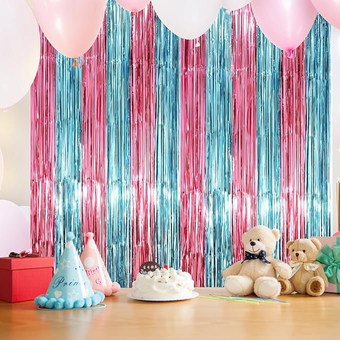 2 Pack Blue and Pink Foil Fringe Backdrop Curtains, Tinsel Streamers Mermaid Party Decorations, Fringe Backdrop for Mermaid Birthday, Baby Shower, Gender Reveal, Disco, Graduation Party