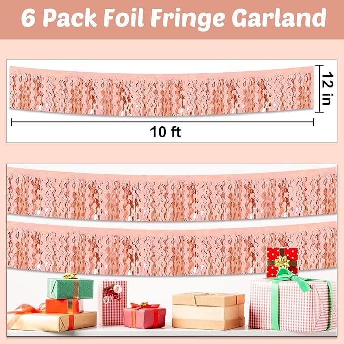 6 Pack 10 Feet Rose Gold Wave Foil Fringe Garland Metallic Tinsel Streamers Banner Wall Hanging Curtain Backdrop for Parade Floats, Mother's Day, Easter, Wedding, Birthday Party Decoration