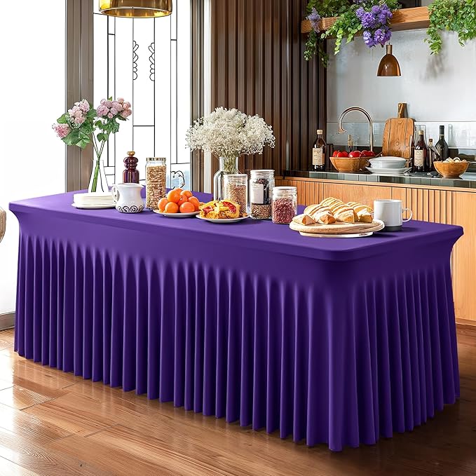 1 Pack Purple Table Clothes for 8 Foot Rectangle Tables, One-Piece Wrinkle Resistant Stretch Spandex Table Covers with Skirt for Event Banquet Wedding Birthday Party