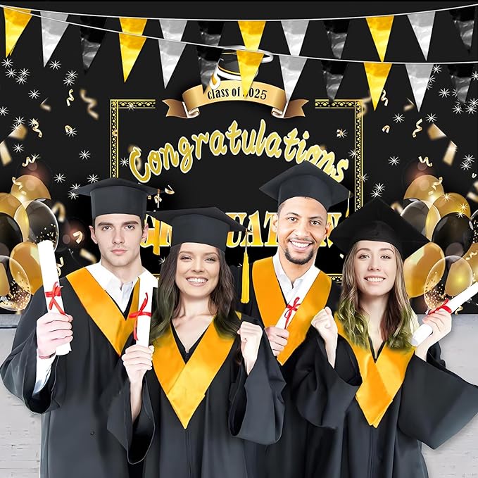 65FT Black Gold Silver Glitter Triangle Pennant Banner Flag Metallic Bunting Fabric Garland for Christmas Wall Hanging,Graduation, New Years Decorations,Father' Da Decorations Party Supplies