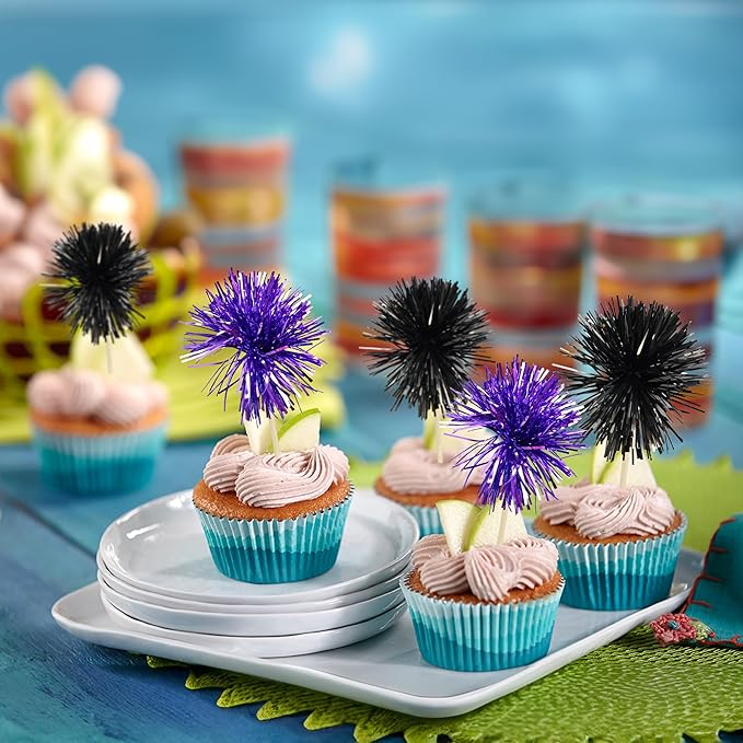 Gyufise 30Pcs Foil Firework Cupcake Toppers Sparkle Tinsel Cake Toppers Tinsel Drink Cake Decoration Cocktail Picks for Birthday Wedding Graduation Party Supplies Black Purple