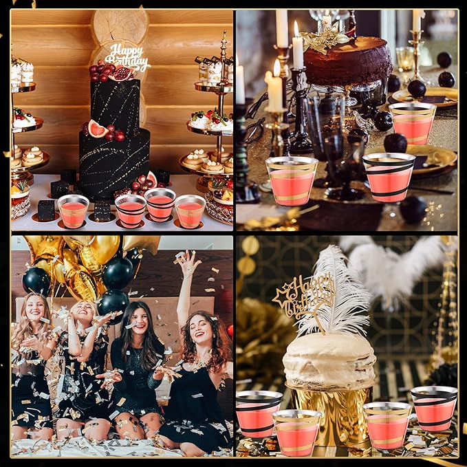 Gejoy 9 oz Rimmed Swirl Plastic Cups Disposable Wine Drinking Cups Clear Elegant Halloween Tumblers for Christmas Party Supplies(Black, Gold,100 Pcs)