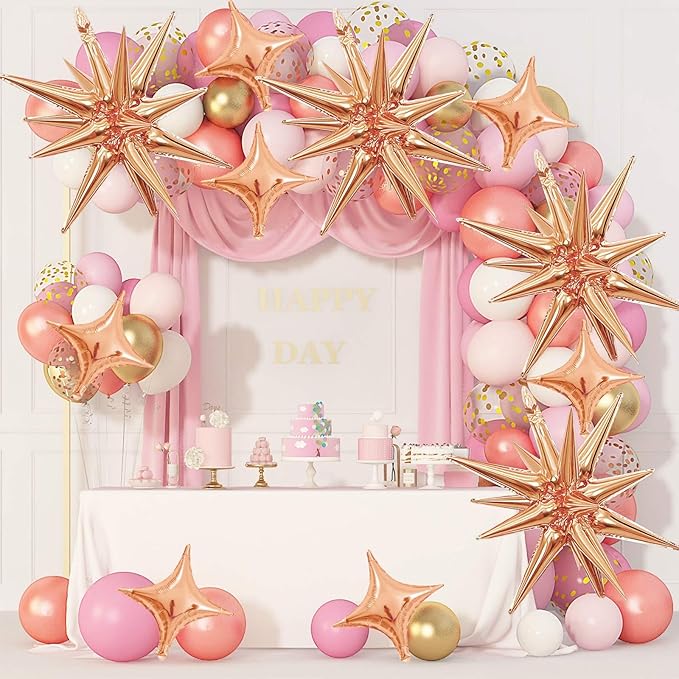Rose Gold Star Balloons,Explosion Star Balloons Kit with 6Pcs 22Inch Cone Star Foil Balloons and 10Pcs 10Inch Four Pointed Star Balloons for Birthday Anniversary Disco Party Decorations