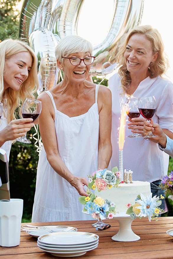 Cake Toppers Flowers,3 Pieces Hand-made Silk Flowers Cake Decorations for Birthday Baby Shower Wedding Valentine's Day Celebration Boho Party Supplies (Blue Pink)