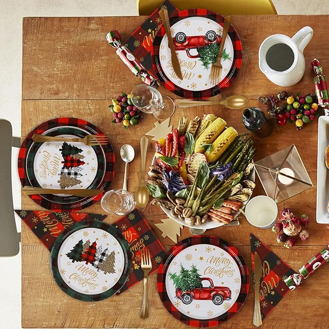 ANALIM 350 PCS Christmas Disposable Paper Dinnerware Set Includes Dinner Plates, Dessert Plates, Cups, Napkins, Knives, Forks, Spoons for Christmas Party Supplies
