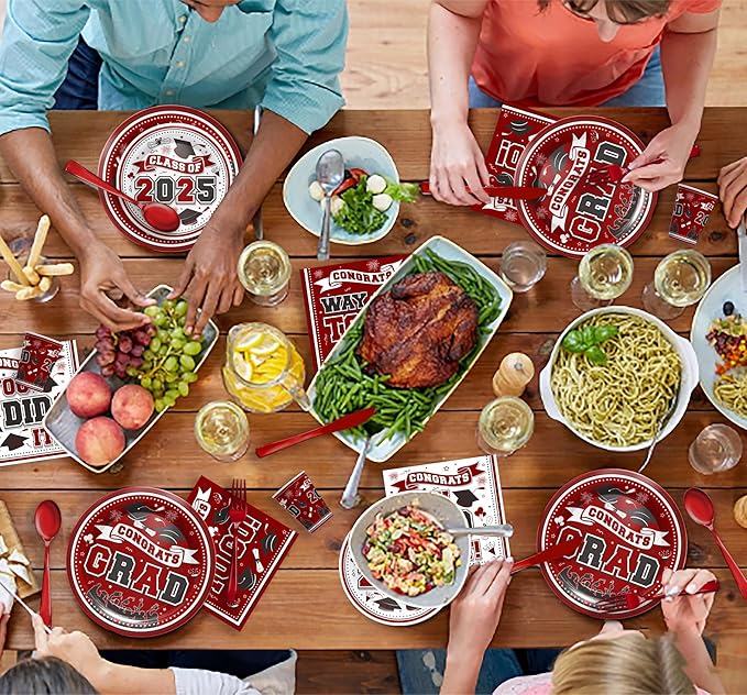 Graduation Decorations Class of 2025 - Graduation Party Supplies 2025 Include Plates, Cups, Napkins, Cutlery, 24 Guests (Maroon)