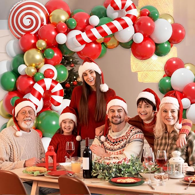 FunHot Christmas Balloons Arch Kit, Xmas Red Green Balloons Garland Kit, White Metallic Gold Latex Balloons Green Red Candy Cane Lollipop Foil Balloon for New Year Holiday Christmas Party Decorations