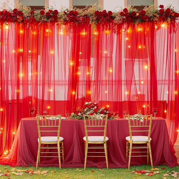 20ft x 10ft Red Backdrop Curtain with Lights String for Parties, Sheer Tulle Wedding Photo Backdrops Drapes for Baby Shower Birthday Party Decorations Background for Photography