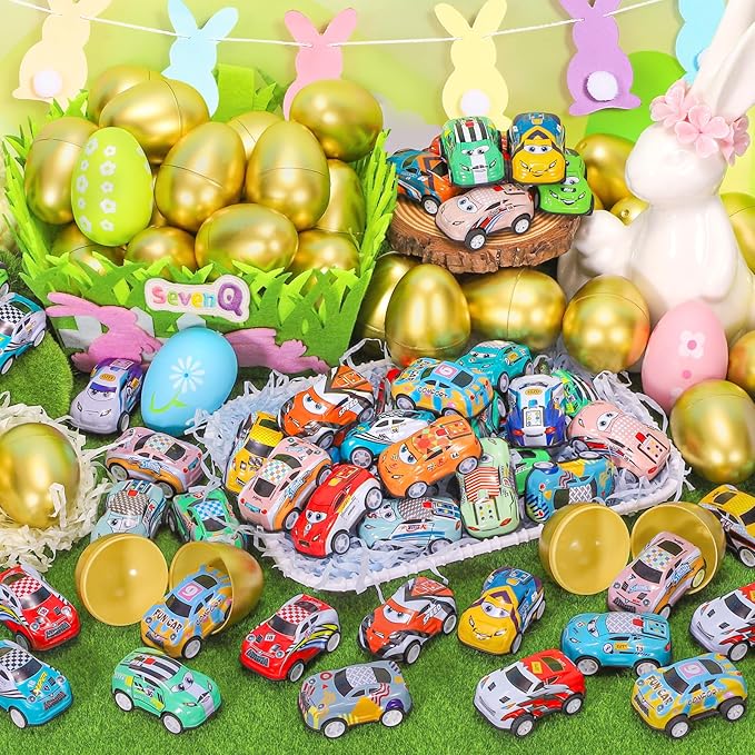 SevenQ Toy Cars Easter Egg Fillers 24 Pcs, Prefilled Easter Basket Stuffers Gifts for Kids Mini Race Car Party Favors Treasure Box Toys for Classroom Birthday Chest Prizes Goodie Bag Hunt Easter Games
