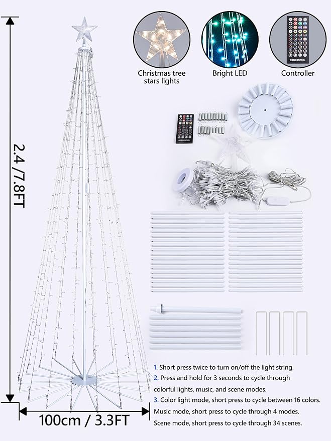 Flacchi 7.8FT Smart Christmas Tree Lights - Star Tree Topper with Removable Bracket, App Control, Sync with Music, Waterfall Colored Lights for Indoor Outdoor Xmas Decorations (7.8FT/ String Lights)