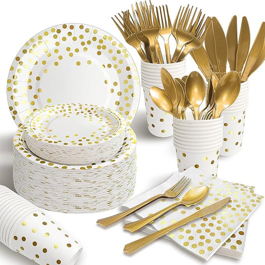 AIRE 350PCS White Gold Paper Plates Party Supplies for 50 Guests Party Decorations Disposable Dinnerware Paper Plates Cups Napkins Gold Plastic Forks Knives Spoons for Wedding Birthday Engagement