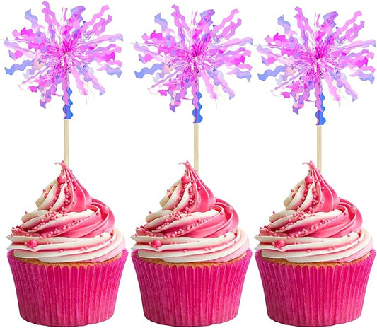 Gyufise 20Pcs Foil Firework Cupcake Toppers Happy Birthday Cake Toppers Sparkle Tinsel Flower Drink Stirrers Cocktail Food Fruit Toothpicks for Valentine's Day Party Supplies Rose Red