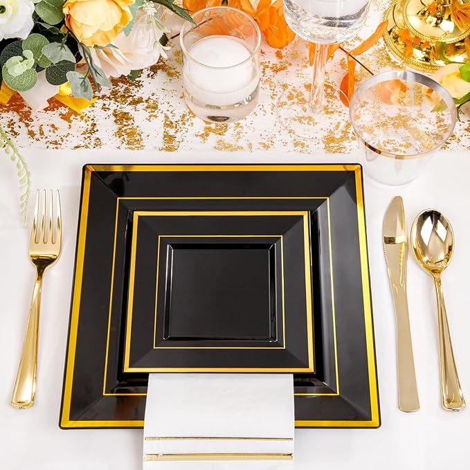 Festiva 350Pcs Black and Gold Plastic Plates-50Guests Disposable Square Black Dinnerware Set include 100 Plastic Plates,50Cups,150Plastic Cutlery,50Napkins for Halloween Party &Wedding&New Year