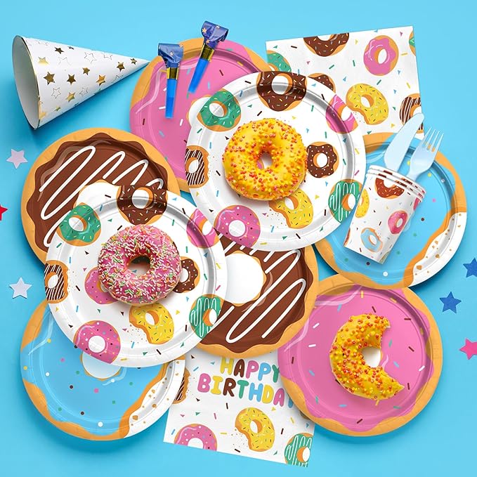 Donut Party Supplies Kit for 24 - Sweet 1st Birthday, Two Sweet and Donut Grow Up Birthday Themes | Includes Plates, Napkins, Cups, Tablecloth & Banner for Donut Party Decorations & Favors
