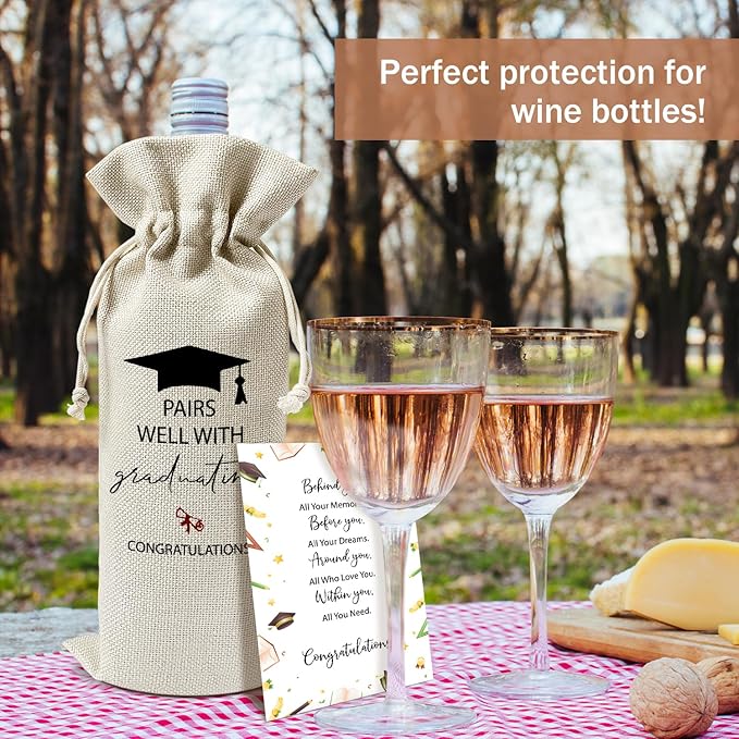 Graduation Wine Gift Bags & Card, Graduation Gifts for Him Her Son Daughter College, Pairs Well With Graduating, 1 pcs Reusable Burlap Wine Gift Bags for Wine Bottles, Graduation Party Decor Favor -26