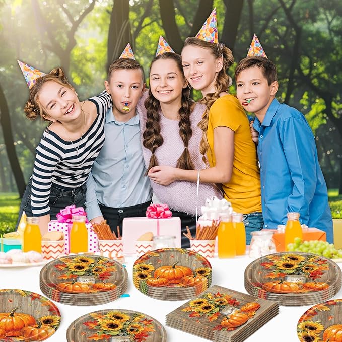 140Pcs Fall Thanksgiving Party Supplies Tableware Set for 20 Guests, Pumpkin Paper Plates and Napkins Cups Tablecloth Cutlery Straws for Autumn Harvest Party Decoration