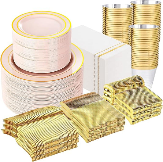 GATHER 700PCS Pink Plastic Plates - Gold Rim Disposable Plastic Dinnerware Set Include 200 Pink Plates, 300 Silverware, 100 Napkins, 100 Cups for Party & Wedding