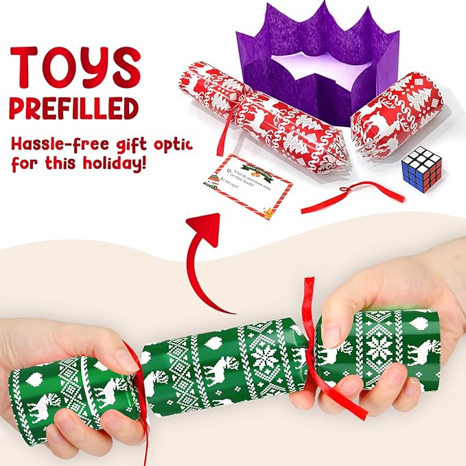 8 Pack Christmas Party Favor No-Snap, Red & Green Xmas Design Includes Party Hat, Joke & Gifts, Christmas Table Decorations for Kids, Holiday Dinner Traditions Party Supplies, Stocking Stuffers