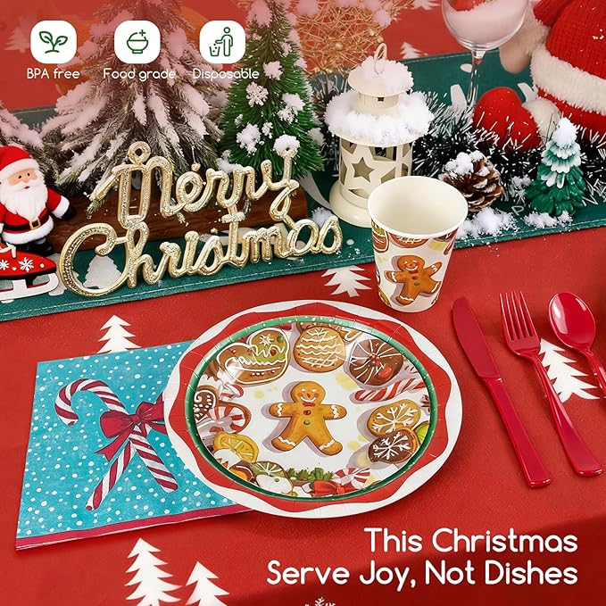 Christmas Dinnerware Sets of Paper Plates, Cups, Napkins & Cutlery for 25 Guests, Gingerbread House Disposable Party Plates,Kids Xmas Holiday Decorations Party Tableware Sets for School Family 175 pcs