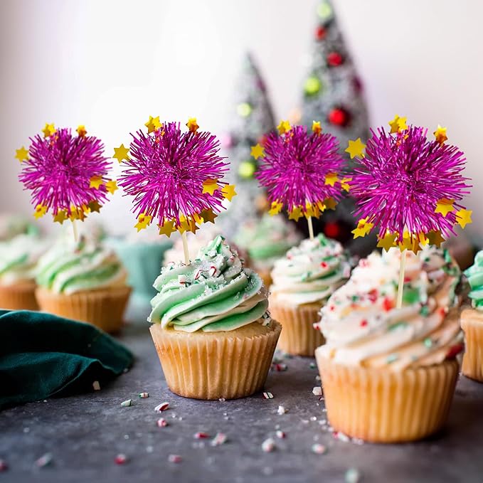 Ephlyn 30Pcs Foil Firework Cupcake Toppers Party Birthday Cake Toppers Supplies Sparkle Tinsel Cocktail Fruit Toothpick for Birthday Wedding Graduation Party Purple