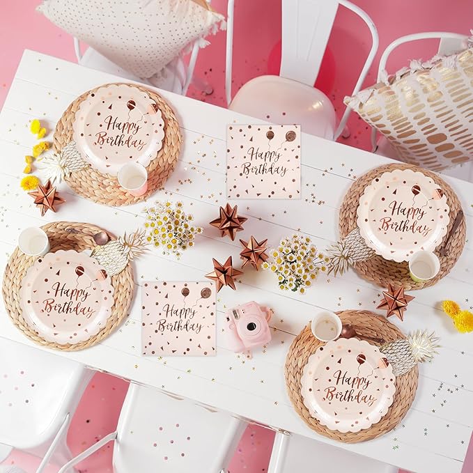 50PCS Happy Birthday Paper Plates and Napkins Set - 7 Inch Pink Rose Gold Birthday Cake Plates Scalloped Dessert Plate Disposable Tableware for Birthday's Party Supplies Decorations
