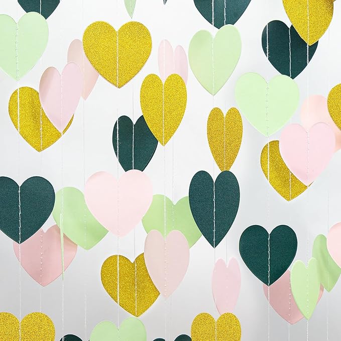 Sage-Green Pink Gold Party-Decorations - Paper Heart Garland Streamers Woodland Theme Baby Shower Bridal Shower Birthday Decoration Wedding Bachelorette Engagement Hanging Decor HongTongTong