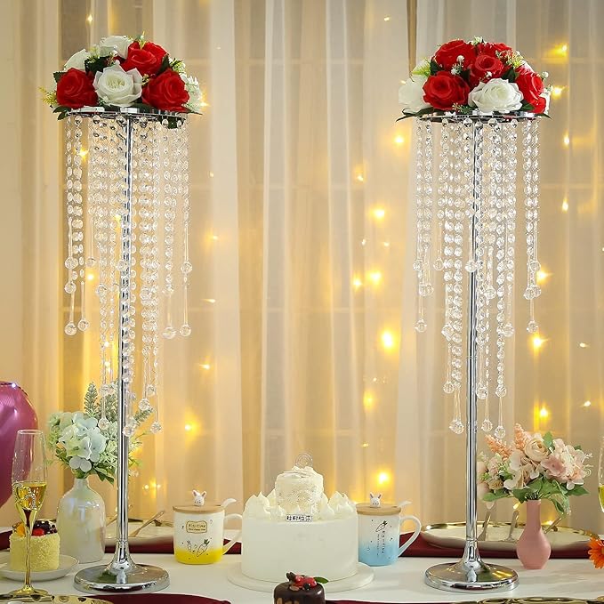 29.5 inches Tall Silver Vases Wedding Centerpieces, Elegant Metal Flower Candle Holder with Chandelier Crystal,for Wedding Party Event,Birthday,Reception,New Year Home Decorations