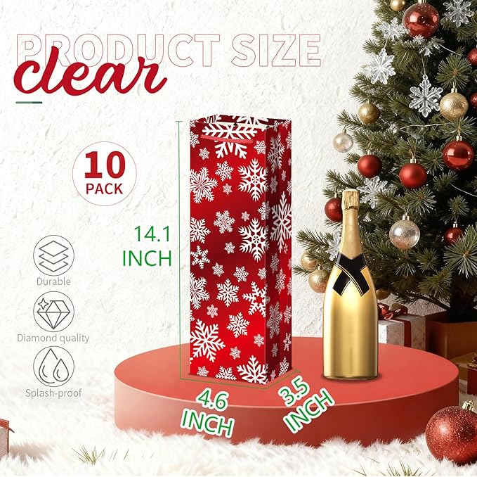 Xylitic 10Pack Christmas Wine Bags with Handles, 14” x 4.7” x 3.5” Christmas Wine Gift Bags for Xmas Holiday Winter and Drinkers Gift Party Favors Supplies.