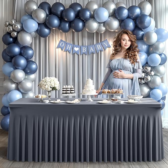 1 Pack Grey Table Clothes for 6 Foot Rectangle Tables, One-Piece Wrinkle Resistant Stretch Spandex Table Covers with Skirt for Event Banquet Wedding Birthday Party