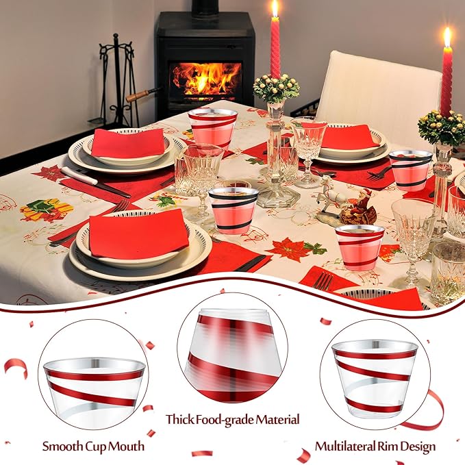 Gejoy 9 oz Rimmed Swirl Plastic Cups Disposable Wine Drinking Cups Clear Elegant Halloween Tumblers for Christmas Party Supplies(Red,Black,200 Pcs)