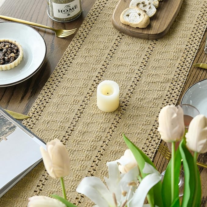 Artoid Mode Burlap Brown Farmhouse Woven Rustic Hollow Table Runner, Seasonal Holiday Hollow Kitchen Dining Table Decoration for Home Party Decor 12x72 Inch