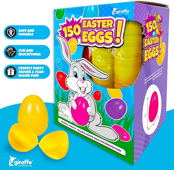 Giraffe Manufacturing 150 Pack 2.3" Hinged Easter Eggs Bulk Plastic Fillable – Assorted Bright Colors Candy Alternative Eggs for Egg Hunt, Party Favors, Classroom Prizes, Treasure Box Toys