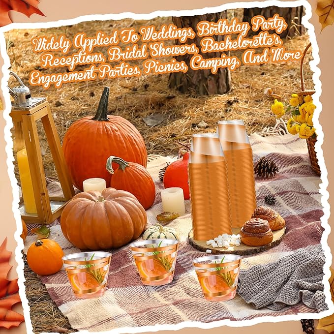 Gejoy 9 oz Rimmed Swirl Plastic Cups Disposable Wine Drinking Cups Clear Elegant Halloween Tumblers for Christmas Party Supplies(Orange,100 Pcs)