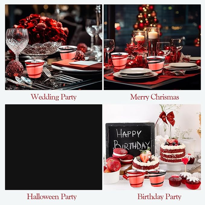 Gejoy 9 oz Rimmed Swirl Plastic Cups Disposable Wine Drinking Cups Clear Elegant Halloween Tumblers for Christmas Party Supplies(Red, Black,100 Pcs)