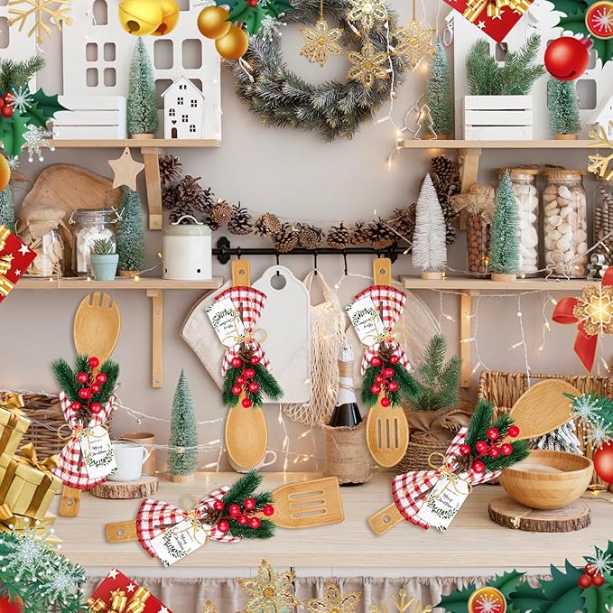 12 Set Christmas Gifts Kitchen Utensils Set with Holder Spatulas Bamboo Spoons Tag for Christmas Holiday Gift Kitchen Utensils Party Decoration