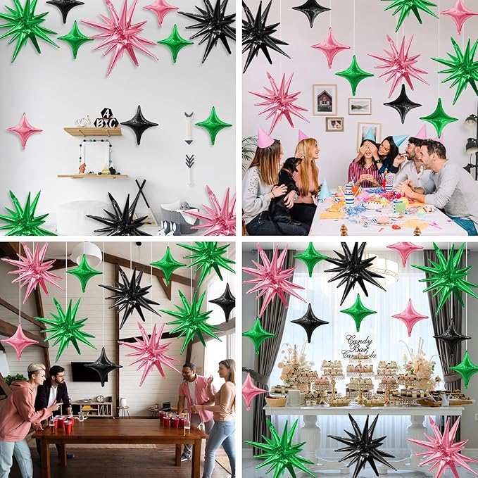 Black Green Pink Star Balloon,Pink Green 6Pcs 22Inch Explosion Star Balloons and 10Pcs 10Inch Four Angle Balloons Kit for Birthday Halloween Anniversary Baby Shower Wedding Party Decorations