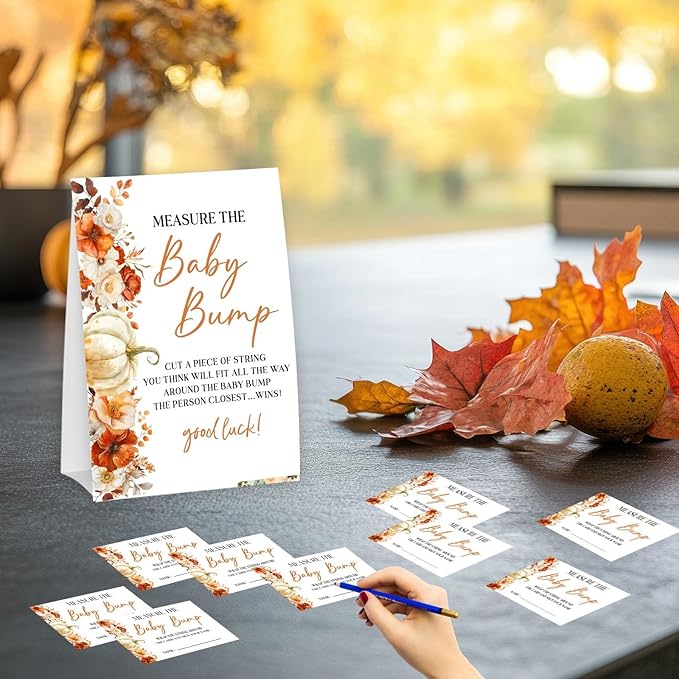 Little Pumpkin Measure The Baby Bump - Thanksgiving Baby Shower Card Set (1 Sign With 50 Guess Cards), Fall Gender Reveal Party Favor Supplies -A12