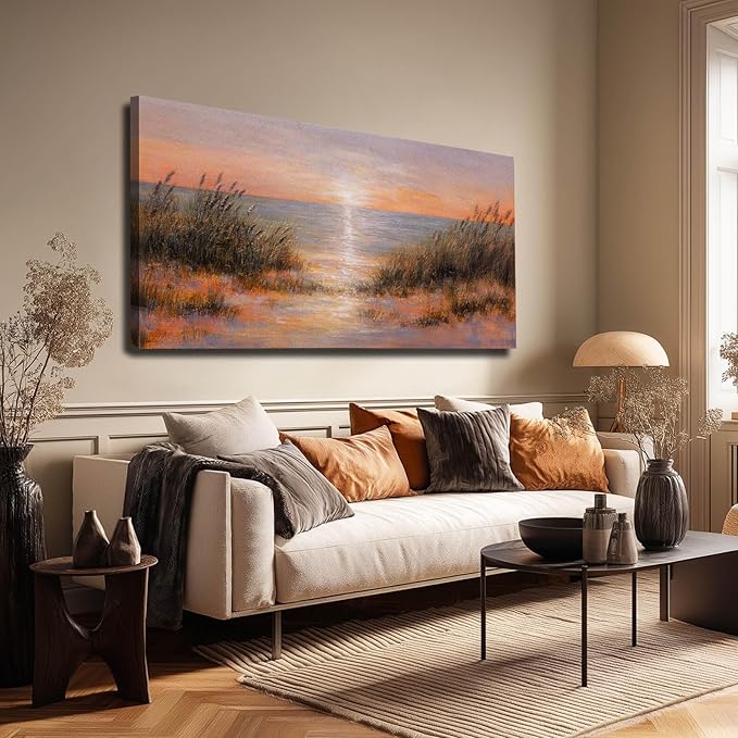 Coastal Wall Art Colorful Scenery Artwork Orange Sunset Wall Decorations for Living Room 24"x48" Nature Photo Prints for Bedroom Dining Room