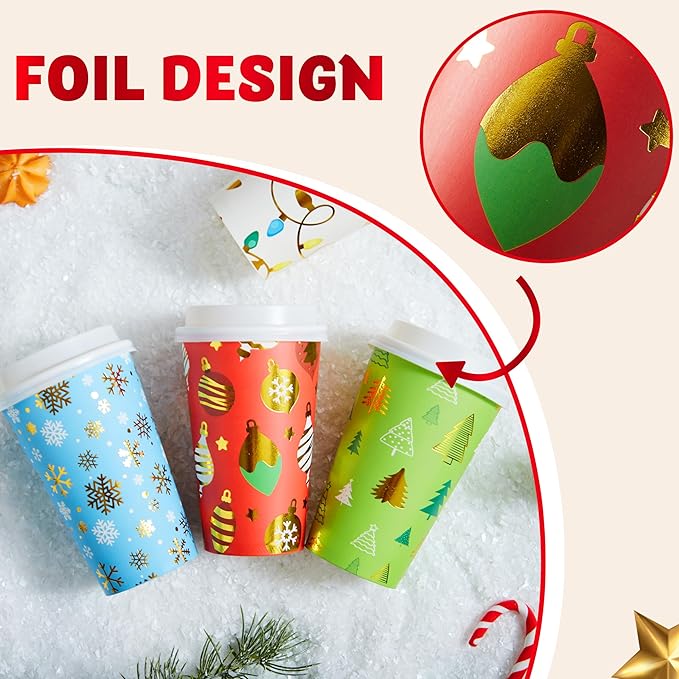 JOYIN 24 PCS Christmas Disposable Paper Cups, 16 oz Merry Christmas Party Cups With Cup Sleeves and Lids, 4 Designs Xmas Drinkware Winter Drink Cups, Tableware Holiday Supplies Decoration