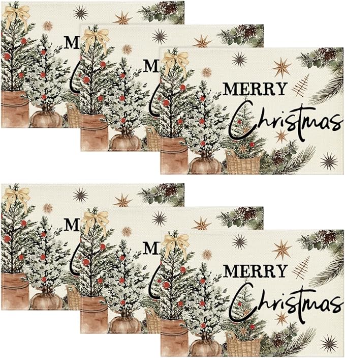 Artoid Mode Xmas Trees Holly Pine Cone Merry Christmas Placemats Set of 6, 12x18 Inch Seasonal Winter Holiday Table Mats for Party Kitchen Dining Decoration